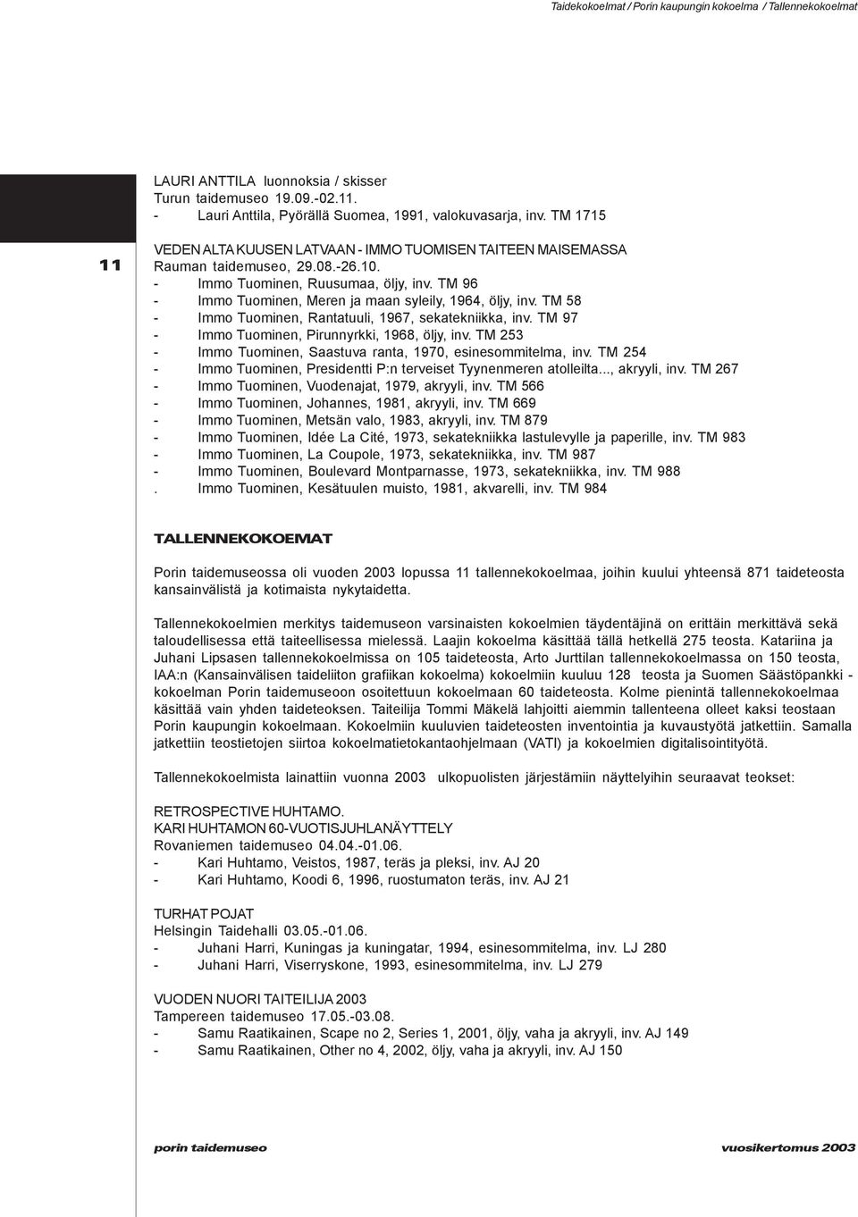 TM 96 - Immo Tuominen, Meren ja maan syleily, 1964, öljy, inv. TM 58 - Immo Tuominen, Rantatuuli, 1967, sekatekniikka, inv. TM 97 - Immo Tuominen, Pirunnyrkki, 1968, öljy, inv.