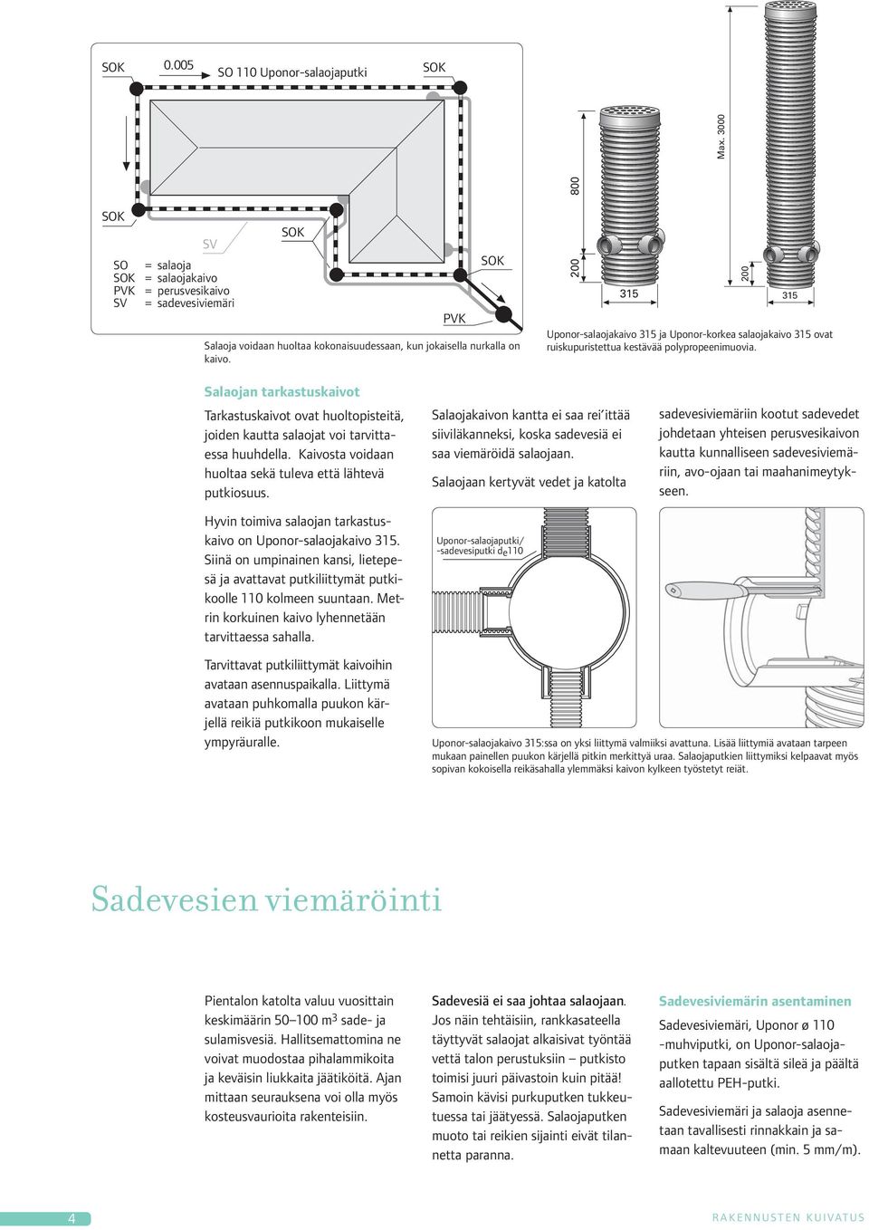 Salaojan tarkastuskaivot Tarkastuskaivot ovat huolto pisteitä, joiden kautta salaojat voi tarvittaessa huuhdella. Kaivosta voidaan huol taa sekä tuleva että lähtevä putkiosuus.