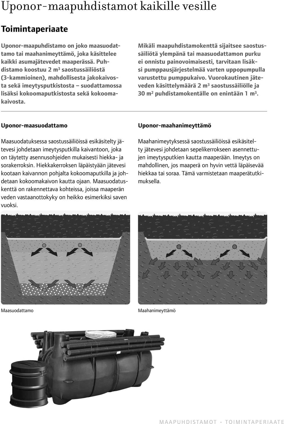 Mikäli maapuhdistamokenttä sijaitsee saostussäiliötä ylempänä tai maasuodattamon purku ei onnistu painovoimaisesti, tarvitaan lisäksi pumppausjärjestelmää varten uppopumpulla varustettu pumppukaivo.