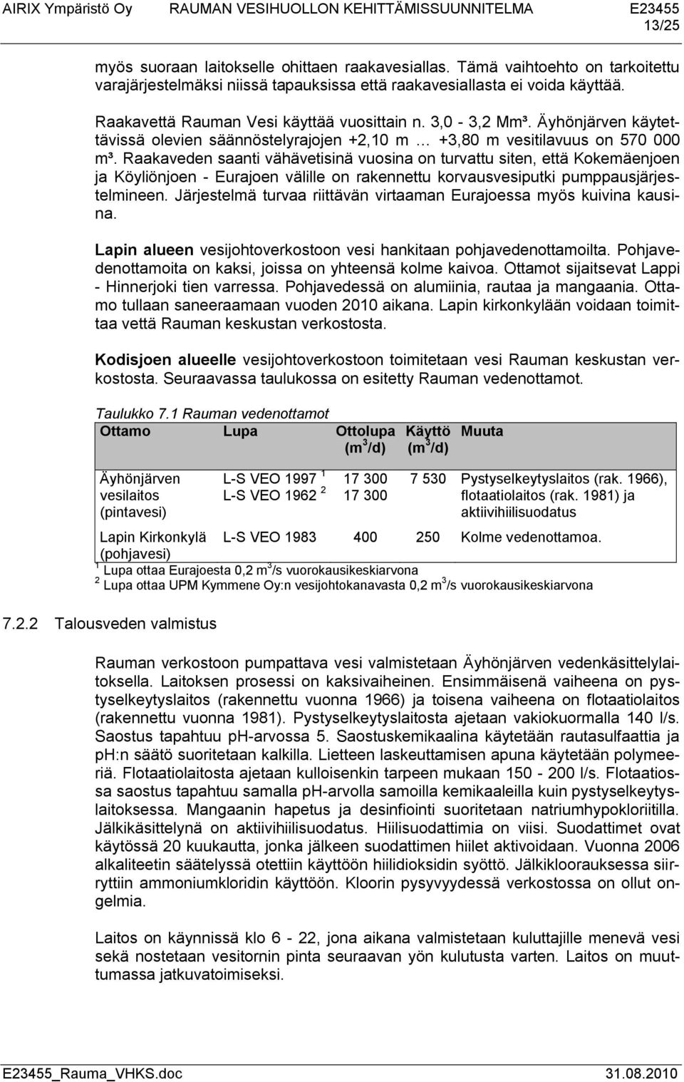 Raakaveden saanti vähävetisinä vuosina on turvattu siten, että Kokemäenjoen ja Köyliönjoen - Eurajoen välille on rakennettu korvausvesiputki pumppausjärjestelmineen.