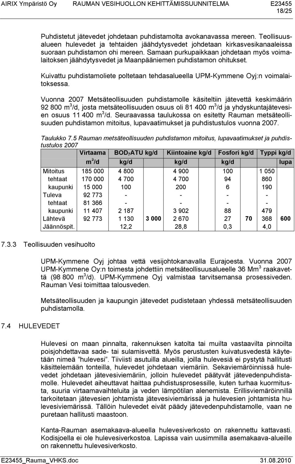 Vuonna 2007 Metsäteollisuuden puhdistamolle käsiteltiin jätevettä keskimäärin 92 800 m 3 /d, josta metsäteollisuuden osuus oli 81 400 m 3 /d ja yhdyskuntajätevesien osuus 11 400 m 3 /d.