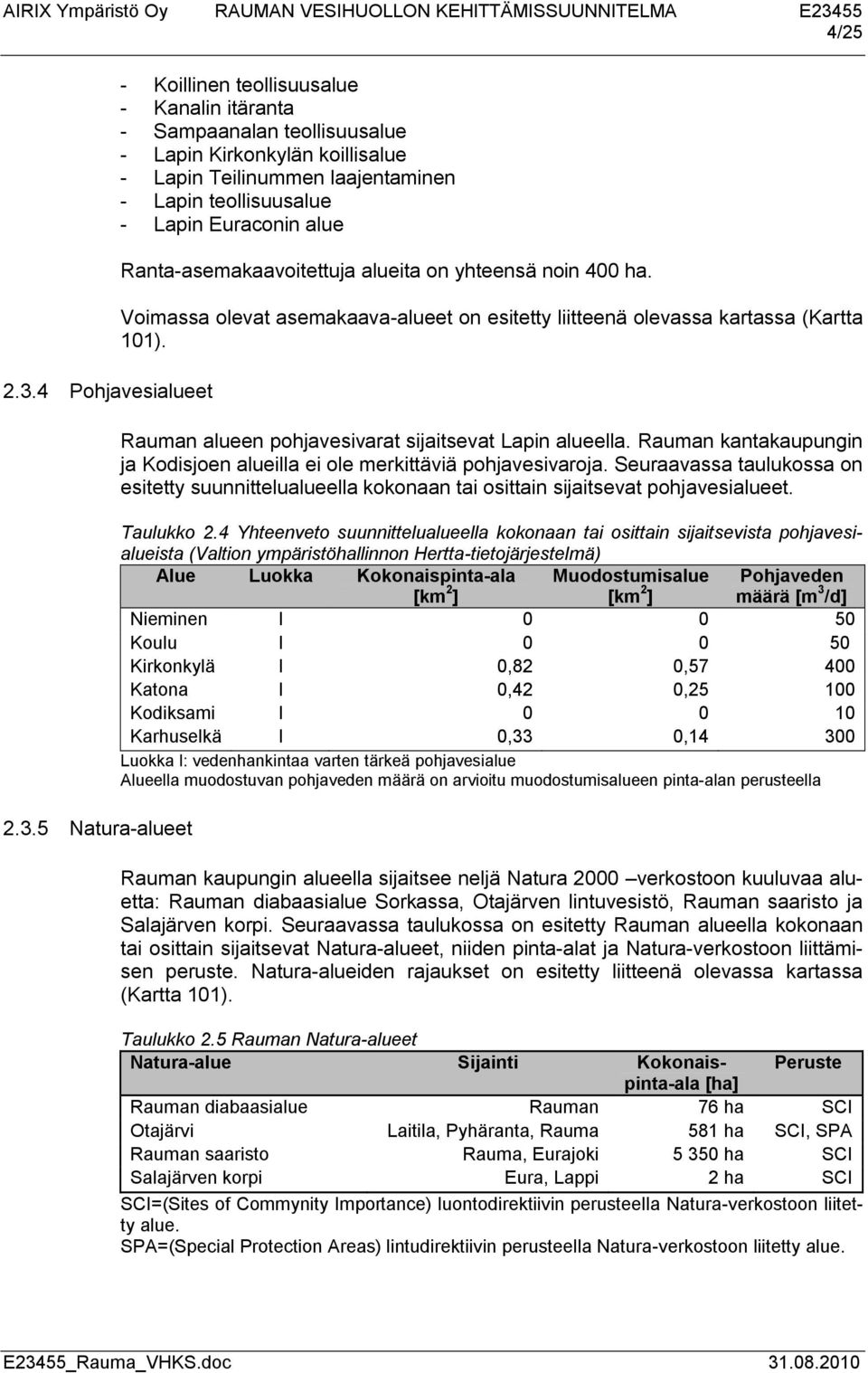 5 Natura-alueet - Koillinen teollisuusalue - Kanalin itäranta - Sampaanalan teollisuusalue - Lapin Kirkonkylän koillisalue - Lapin Teilinummen laajentaminen - Lapin teollisuusalue - Lapin Euraconin