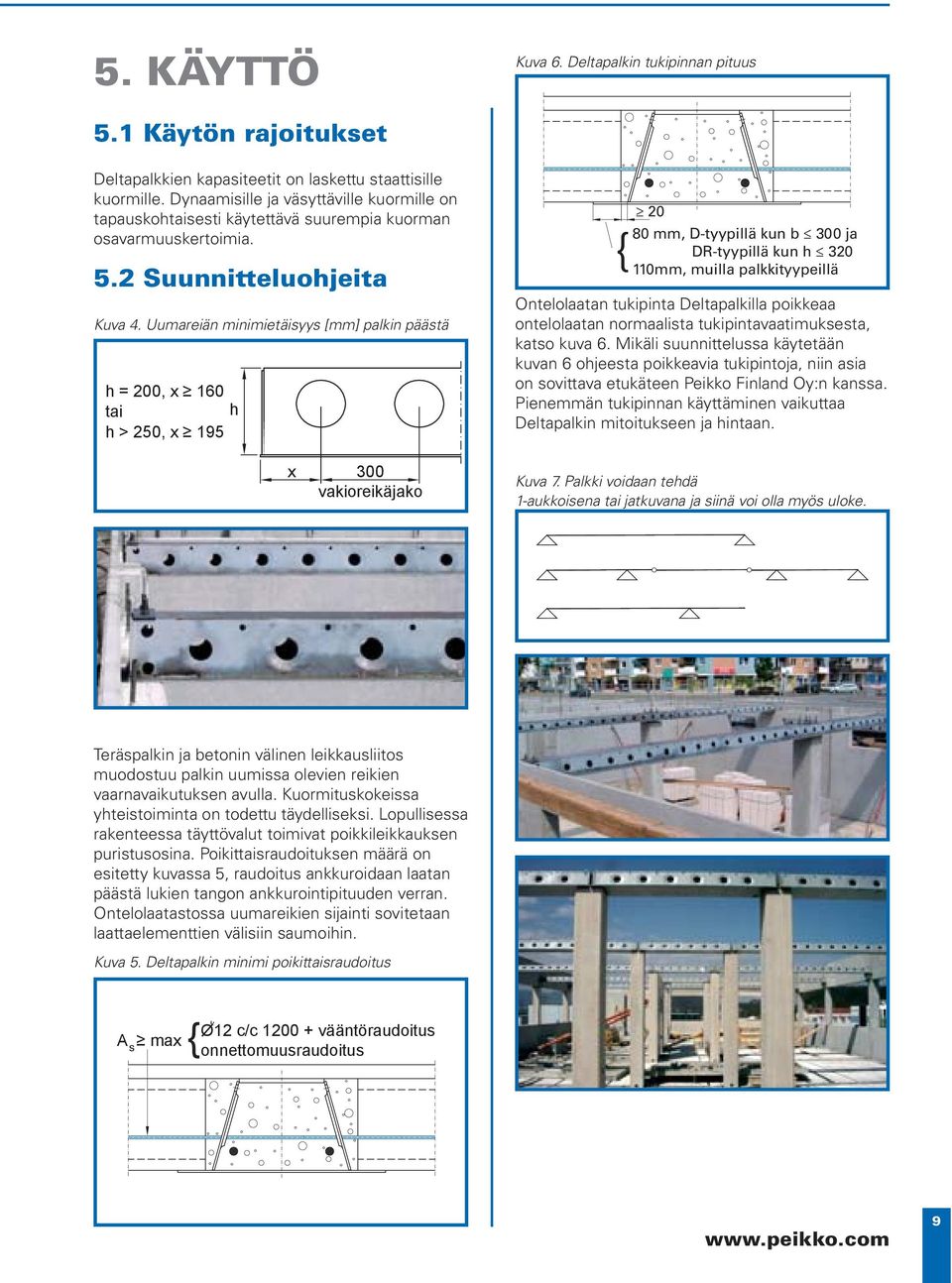 Uumareiän minimietäisyys [mm] palkin päästä h = 200, x 160 tai h h > 250, x 195 { 20 80 mm, D-tyypillä kun b 300 ja DR-tyypillä kun h 320 110mm, muilla palkkityypeillä Ontelolaatan tukipinta