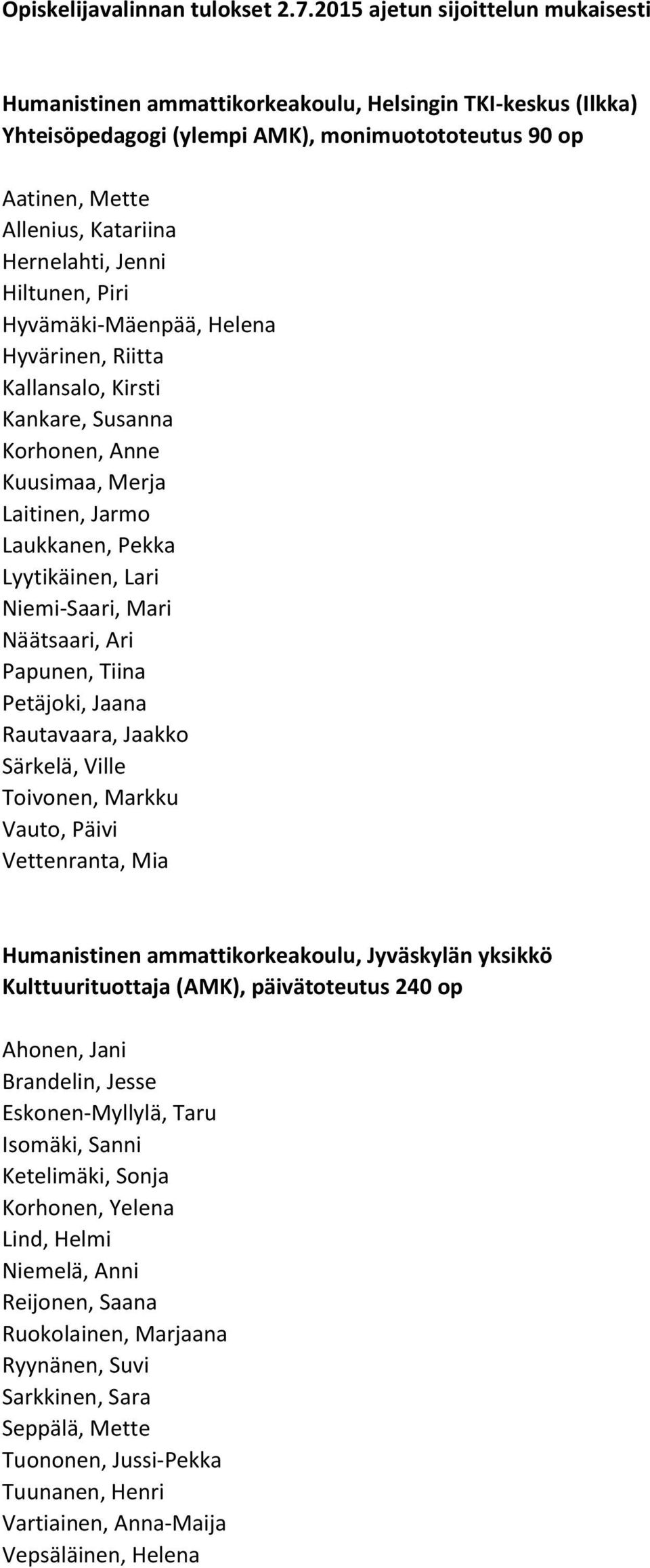 Jenni Hiltunen, Piri Hyvämäki-Mäenpää, Helena Hyvärinen, Riitta Kallansalo, Kirsti Kankare, Susanna Korhonen, Anne Kuusimaa, Merja Laitinen, Jarmo Laukkanen, Pekka Lyytikäinen, Lari Niemi-Saari, Mari