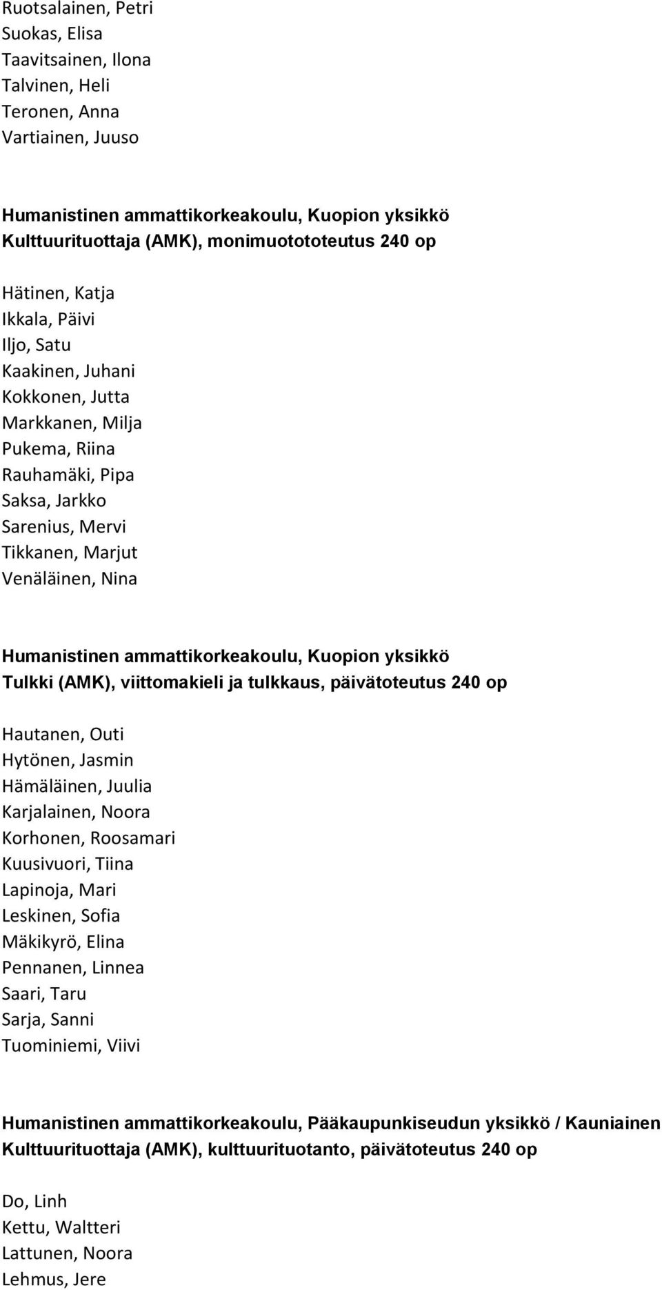 ammattikorkeakoulu, Kuopion yksikkö Tulkki (AMK), viittomakieli ja tulkkaus, päivätoteutus 240 op Hautanen, Outi Hytönen, Jasmin Hämäläinen, Juulia Karjalainen, Noora Korhonen, Roosamari Kuusivuori,