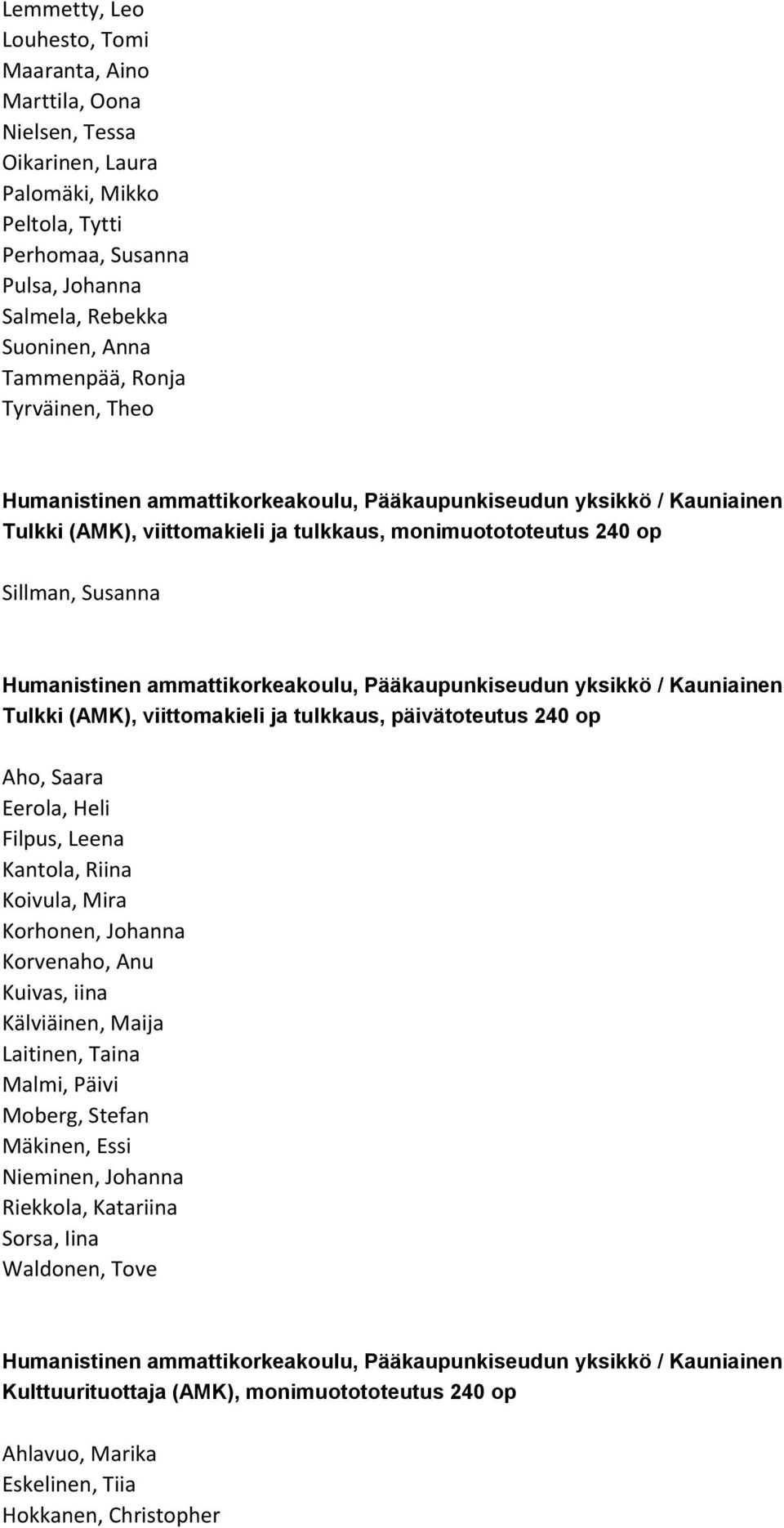 ammattikorkeakoulu, Pääkaupunkiseudun yksikkö / Kauniainen Tulkki (AMK), viittomakieli ja tulkkaus, päivätoteutus 240 op Aho, Saara Eerola, Heli Filpus, Leena Kantola, Riina Koivula, Mira Korhonen,