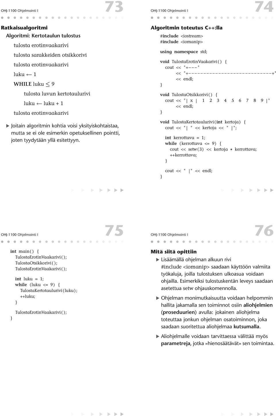 OHJ-1100 Ohjelmointi I 74 Algoritmin toteutus C++:lla #include <iostream> #include <iomanip> using namespace std; void TulostaErotinVaakarivi( ) { cout << "+ " << "+ +" << endl; void