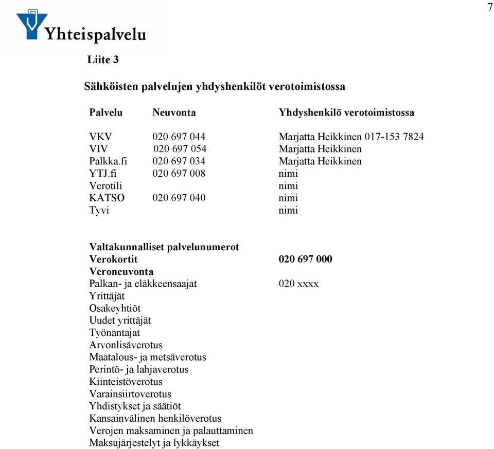 fi 020 697 008 nimi Verotili nimi KATSO 020 697 040 nimi Tyvi nimi Valtakunnalliset palvelunumerot Verokortit 020 697 000 Veroneuvonta Palkan- ja eläkkeensaajat 020 xxxx