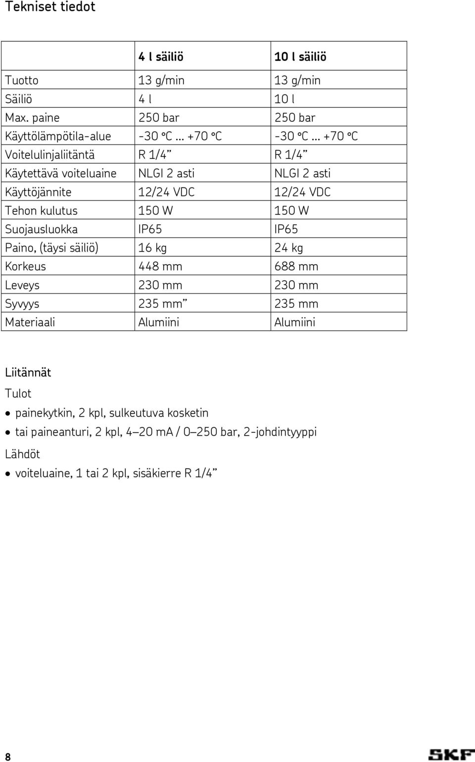 Käyttöjännite 12/24 VDC 12/24 VDC Tehon kulutus 150 W 150 W Suojausluokka IP65 IP65 Paino, (täysi säiliö) 16 kg 24 kg Korkeus 448 mm 688 mm Leveys 230