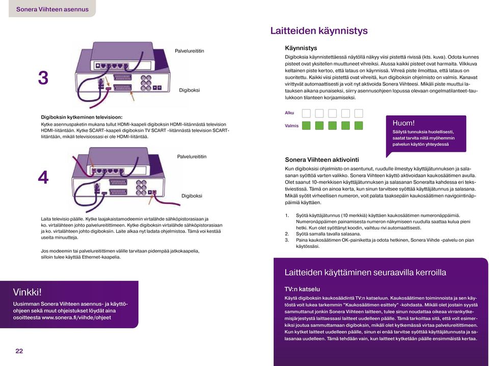 Vihreä piste ilmoittaa, että lataus on suoritettu. Kaikki viisi pistettä ovat vihreitä, kun digiboksin ohjelmisto on valmis. Kanavat virittyvät automaattisesti ja voit nyt aktivoida Sonera Viihteesi.