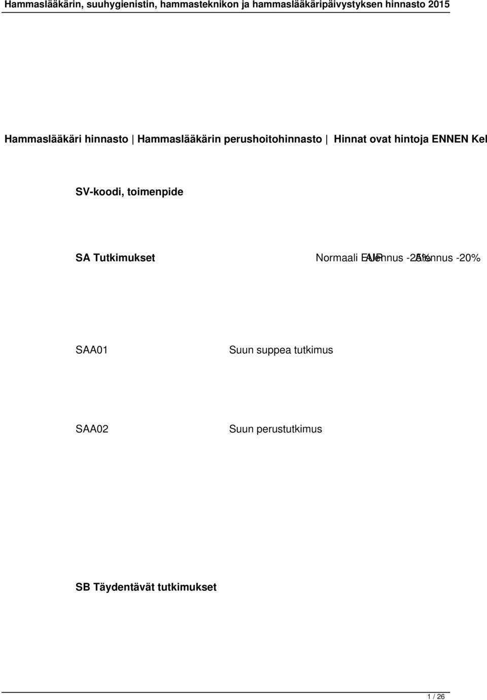 Tutkimukset Normaali EUR Alennus -25% Alennus -20% SAA01 Suun