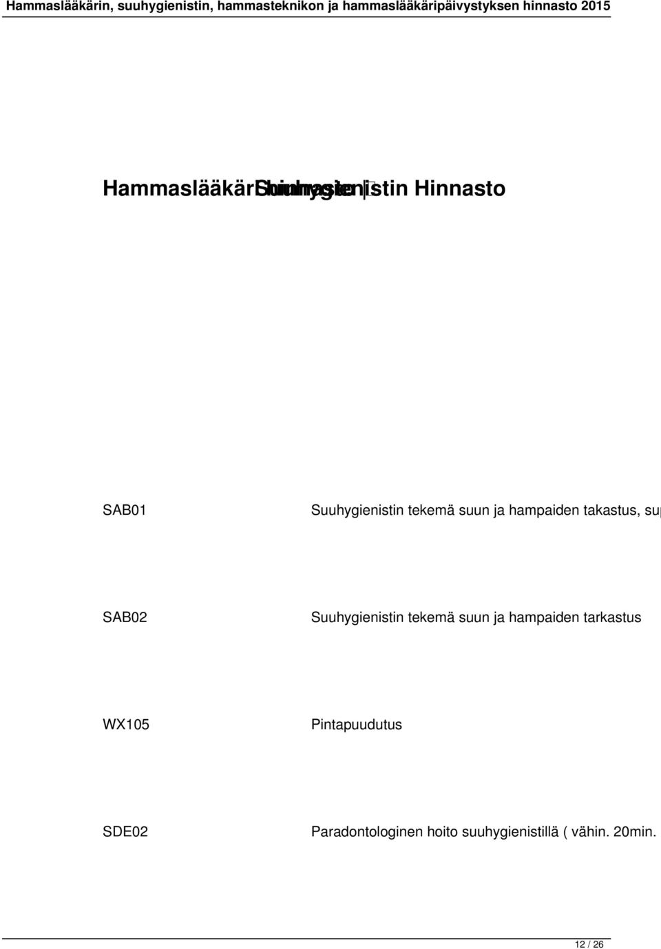 Suuhygienistin tekemä suun ja hampaiden tarkastus WX105