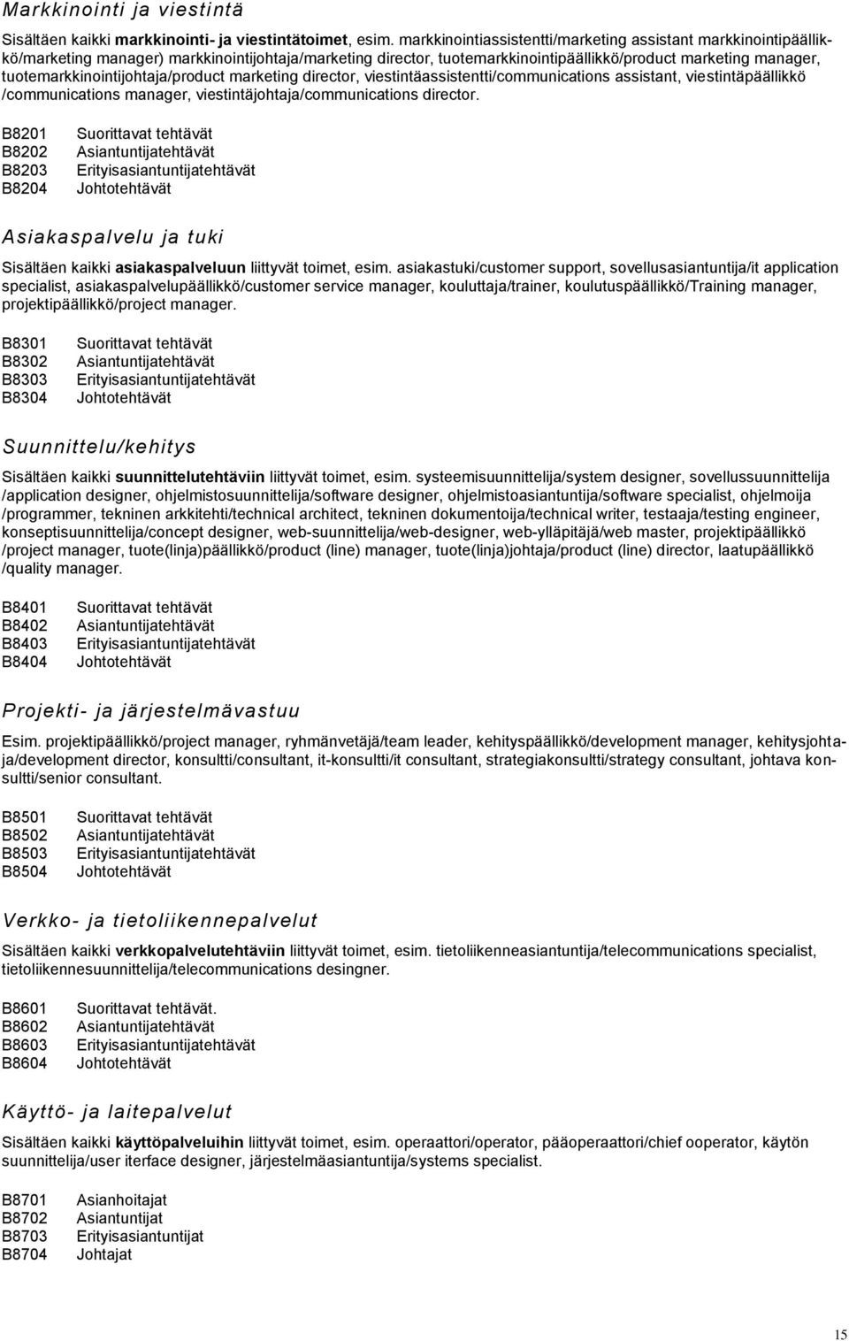 tuotemarkkinointijohtaja/product marketing director, viestintäassistentti/communications assistant, viestintäpäällikkö /communications manager, viestintäjohtaja/communications director.