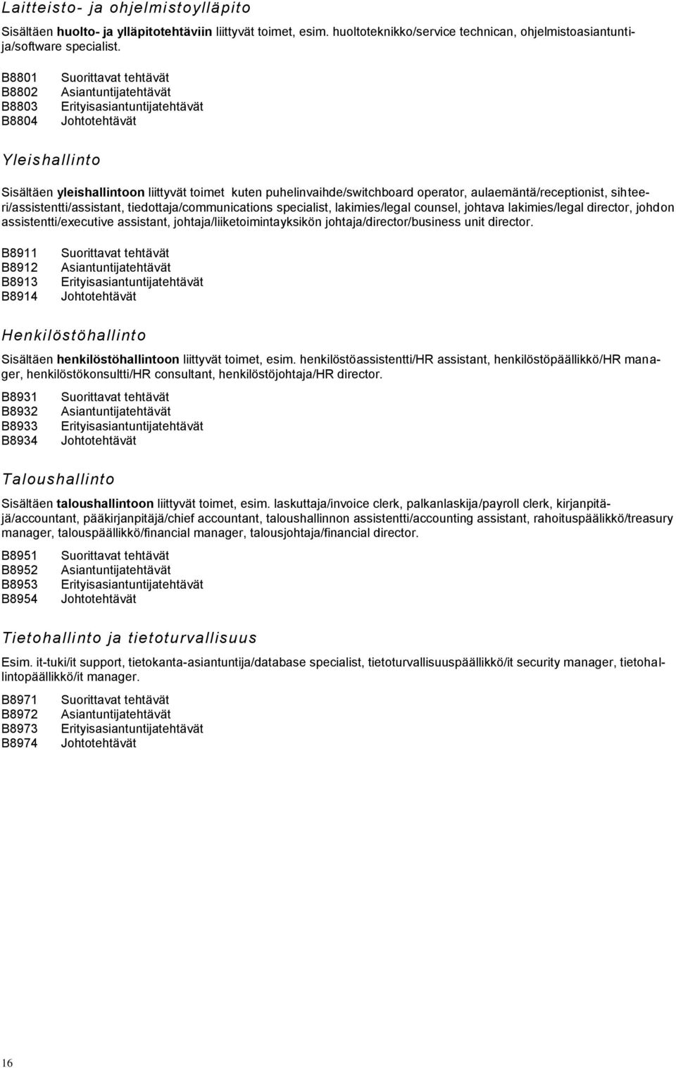 operator, aulaemäntä/receptionist, sihteeri/assistentti/assistant, tiedottaja/communications specialist, lakimies/legal counsel, johtava lakimies/legal director, johdon assistentti/executive