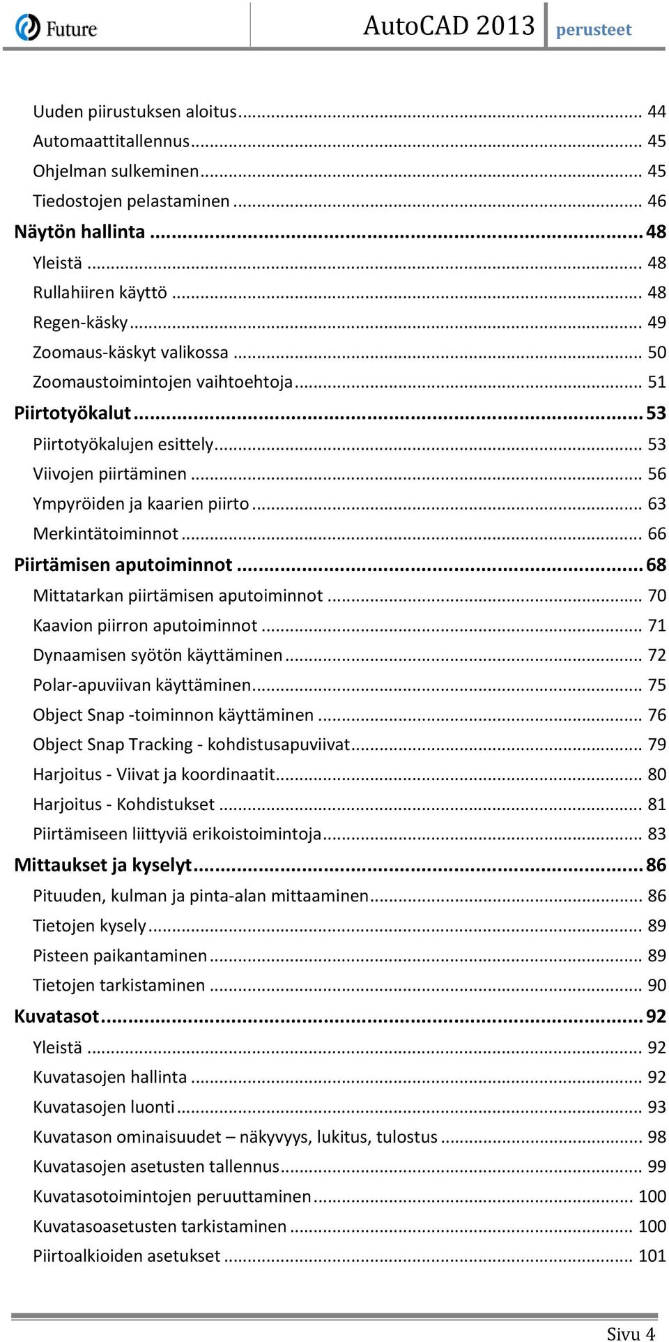 .. 63 Merkintätoiminnot... 66 Piirtämisen aputoiminnot... 68 Mittatarkan piirtämisen aputoiminnot... 70 Kaavion piirron aputoiminnot... 71 Dynaamisen syötön käyttäminen.