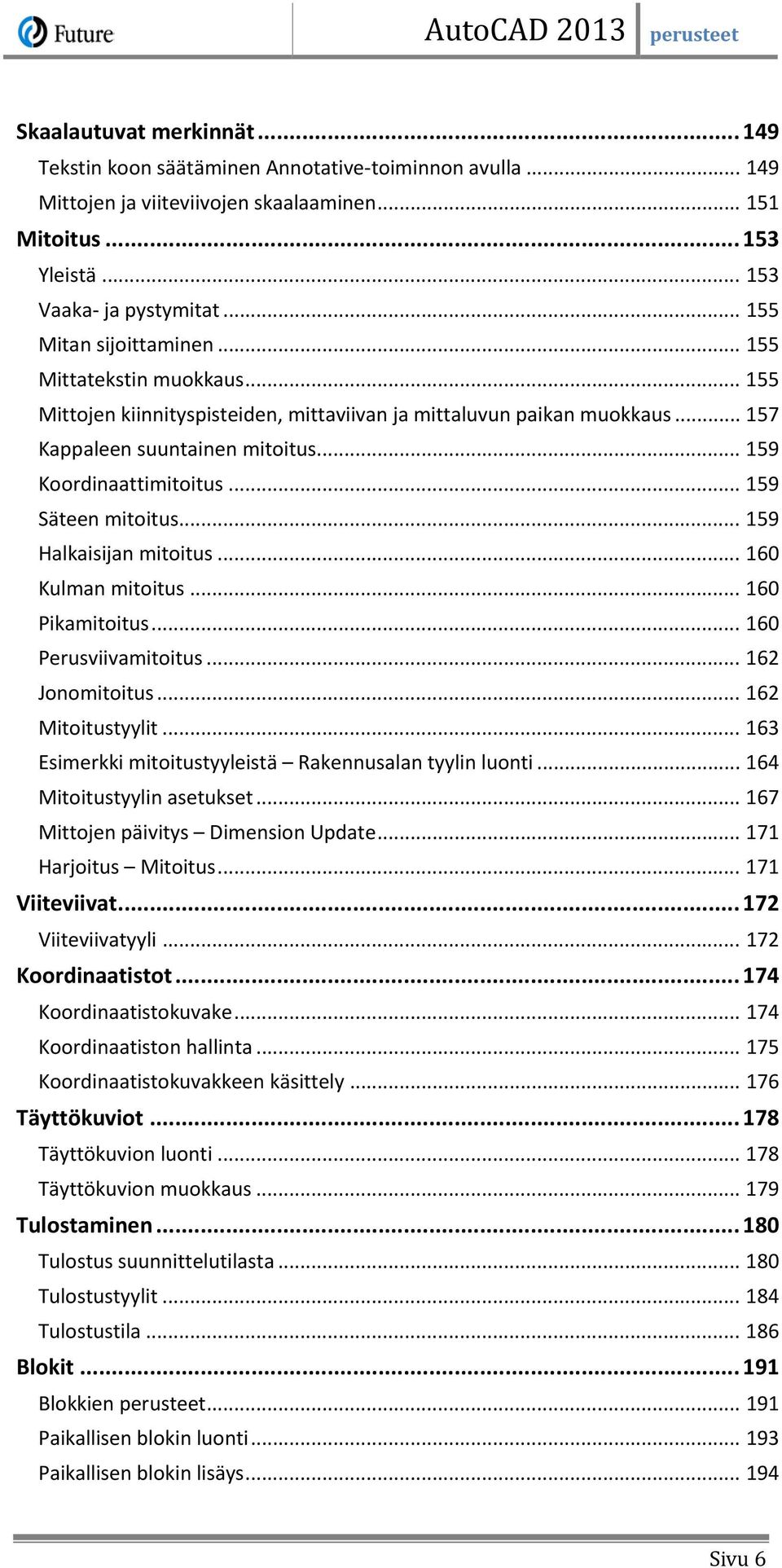 .. 159 Säteen mitoitus... 159 Halkaisijan mitoitus... 160 Kulman mitoitus... 160 Pikamitoitus... 160 Perusviivamitoitus... 162 Jonomitoitus... 162 Mitoitustyylit.