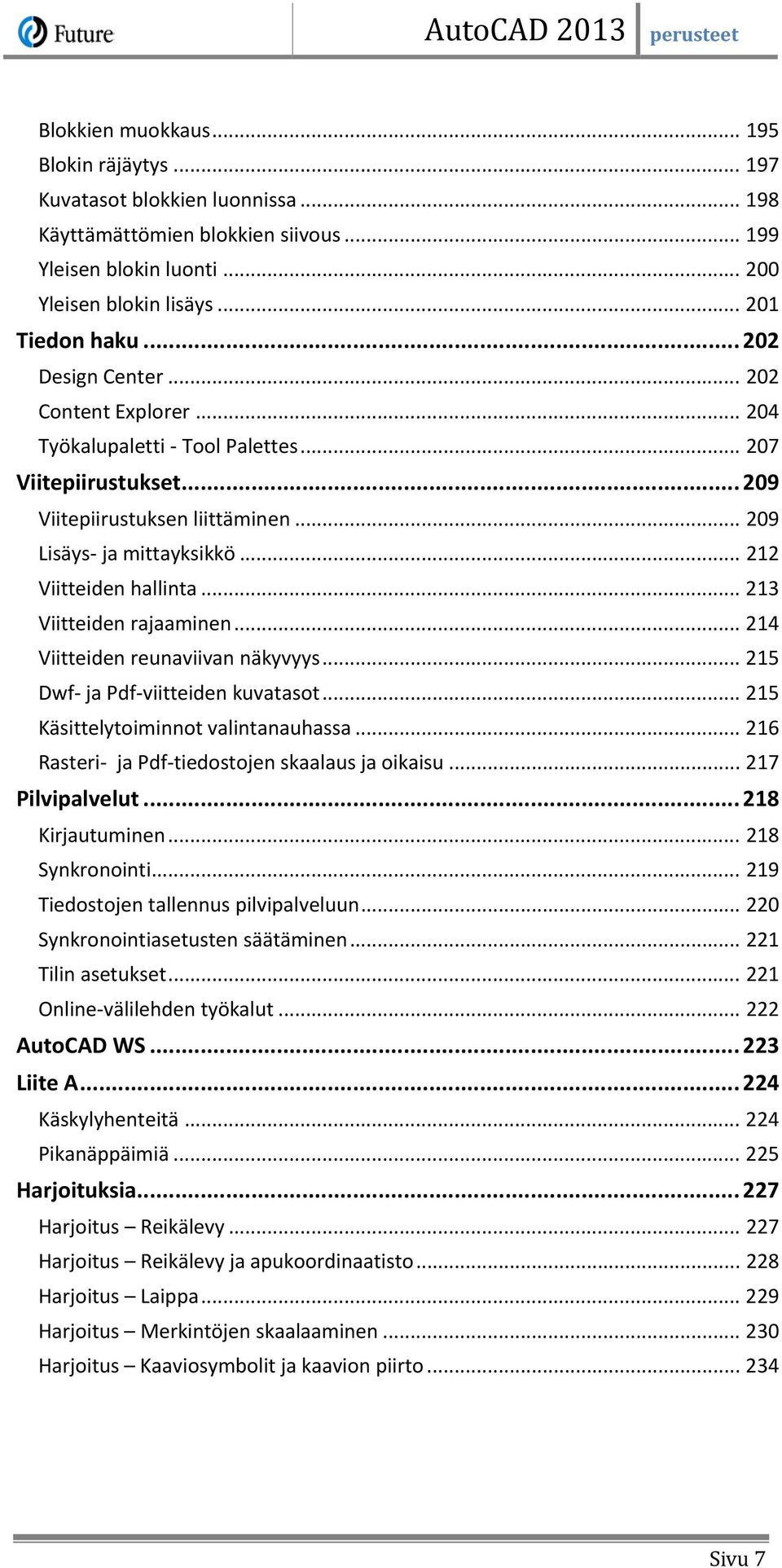 .. 212 Viitteiden hallinta... 213 Viitteiden rajaaminen... 214 Viitteiden reunaviivan näkyvyys... 215 Dwf- ja Pdf-viitteiden kuvatasot... 215 Käsittelytoiminnot valintanauhassa.