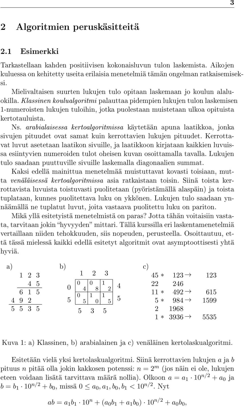 Klassinen koulualgoritmi palauttaa pidempien lukujen tulon laskemisen 1-numeroisten lukujen tuloihin, jotka puolestaan muistetaan ulkoa opituista kertotauluista. Ns.