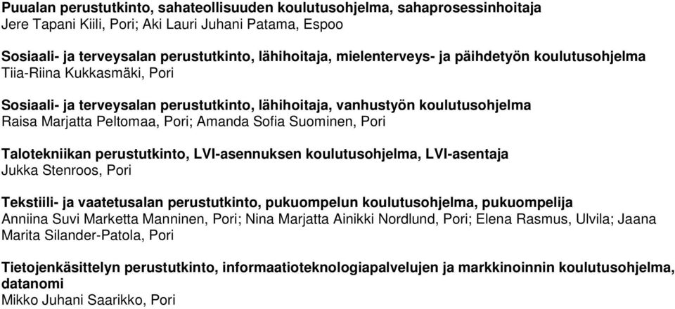 Suominen, Pori Talotekniikan perustutkinto, LVI-asennuksen koulutusohjelma, LVI-asentaja Jukka Stenroos, Pori Tekstiili- ja vaatetusalan perustutkinto, pukuompelun koulutusohjelma, pukuompelija