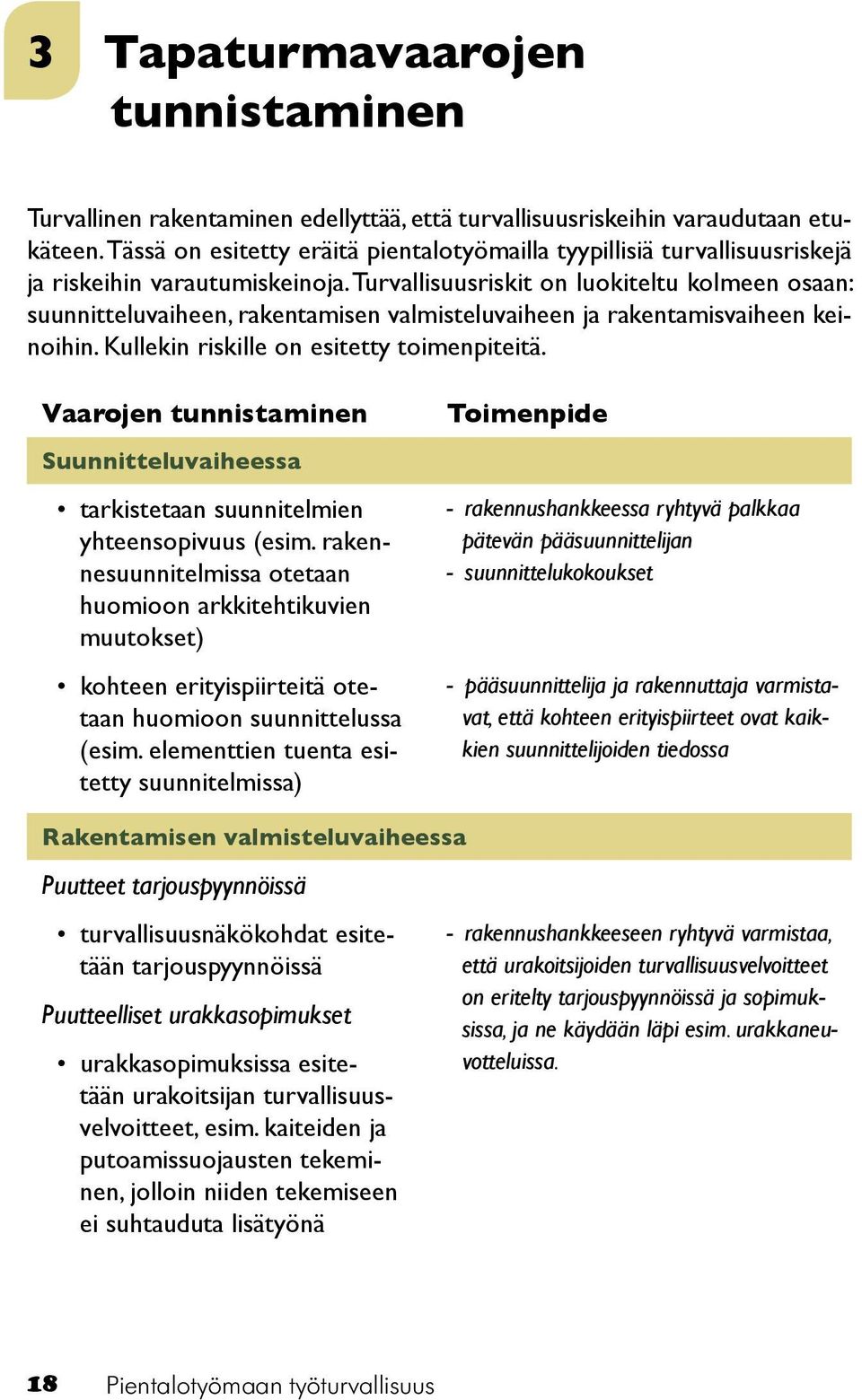 Turvallisuusriskit on luokiteltu kolmeen osaan: suunnitteluvaiheen, rakentamisen valmisteluvaiheen ja rakentamisvaiheen keinoihin. Kullekin riskille on esitetty toimenpiteitä.