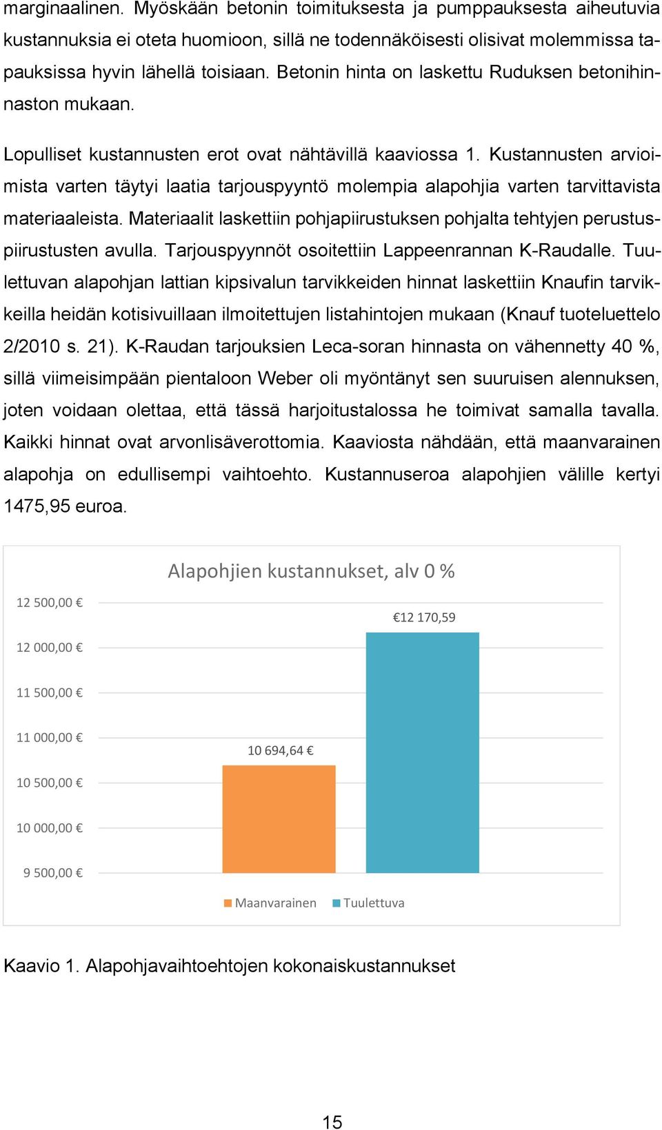 Kustannusten arvioimista varten täytyi laatia tarjouspyyntö molempia alapohjia varten tarvittavista materiaaleista.