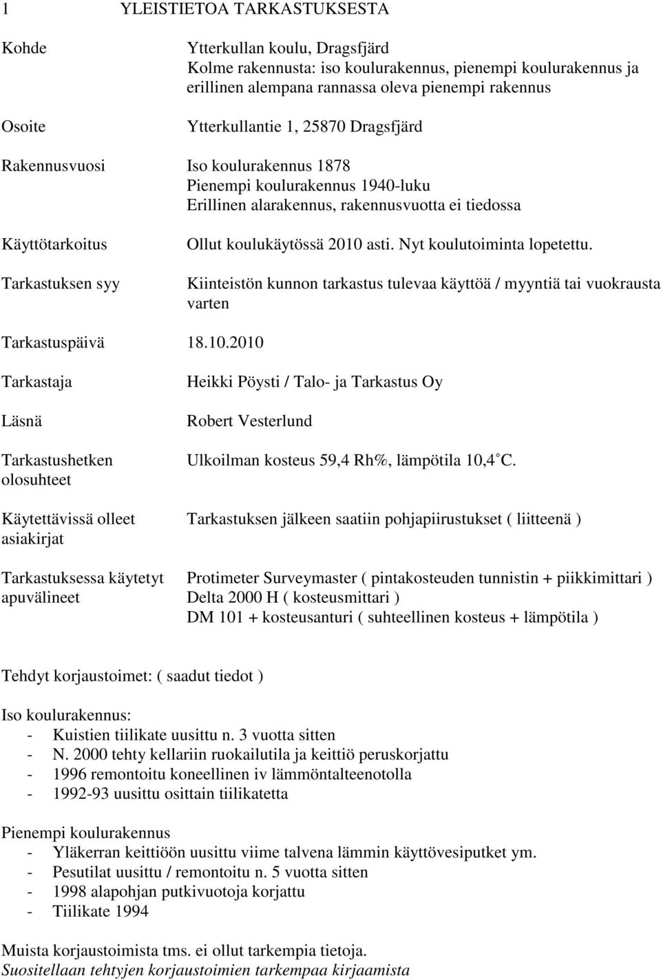 koulukäytössä 2010 asti. Nyt koulutoiminta lopetettu. Kiinteistön kunnon tarkastus tulevaa käyttöä / myyntiä tai vuokrausta varten Tarkastuspäivä 18.10.2010 Tarkastaja Läsnä Tarkastushetken olosuhteet Heikki Pöysti / Talo- ja Tarkastus Oy Robert Vesterlund Ulkoilman kosteus 59,4 Rh%, lämpötila 10,4 C.