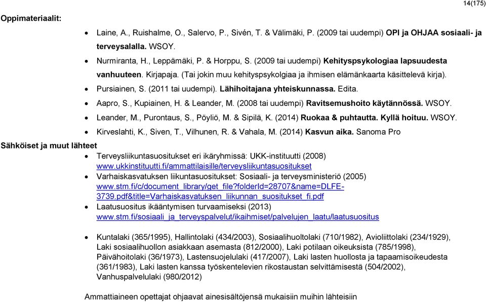 Lähihoitajana yhteiskunnassa. Edita. Aapro, S., Kupiainen, H. & Leander, M. (2008 tai uudempi) Ravitsemushoito käytännössä. WSOY. Leander, M., Purontaus, S., Pöyliö, M. & Sipilä, K.