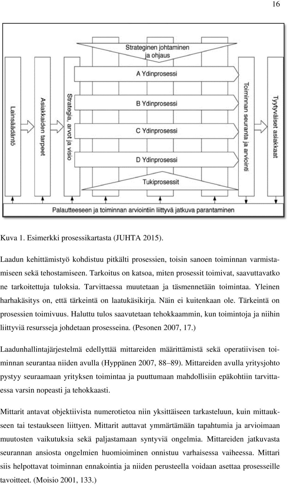 Näin ei kuitenkaan ole. Tärkeintä on prosessien toimivuus. Haluttu tulos saavutetaan tehokkaammin, kun toimintoja ja niihin liittyviä resursseja johdetaan prosesseina. (Pesonen 2007, 17.