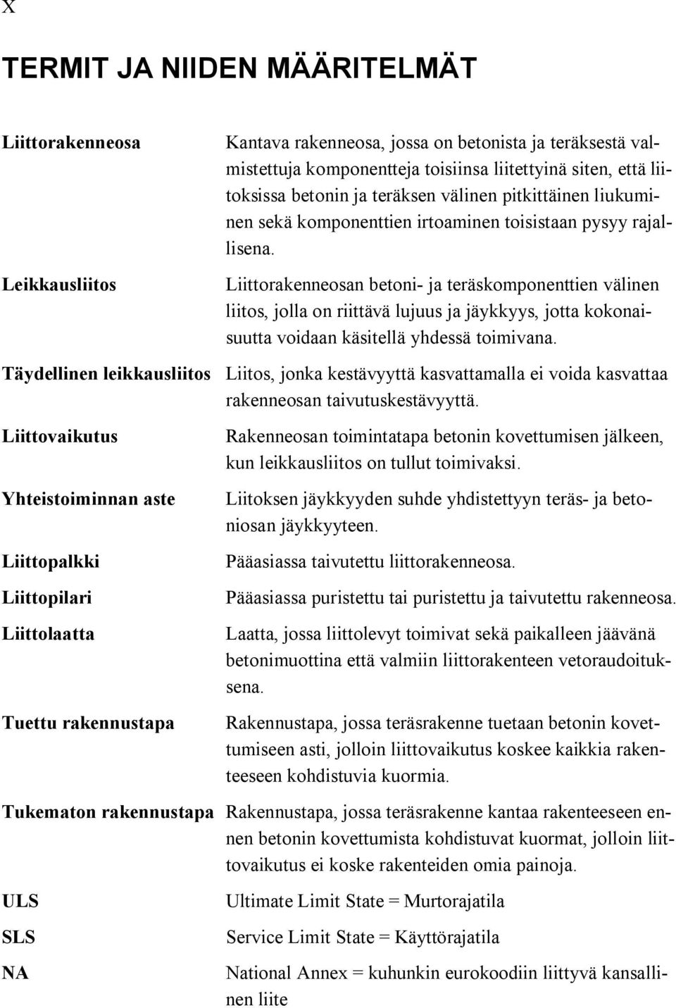 irtoaminen toisistaan pysyy rajallisena. Liittorakenneosan betoni- ja teräskomponenttien välinen liitos, jolla on riittävä lujuus ja jäykkyys, jotta kokonaisuutta voidaan käsitellä yhdessä toimivana.