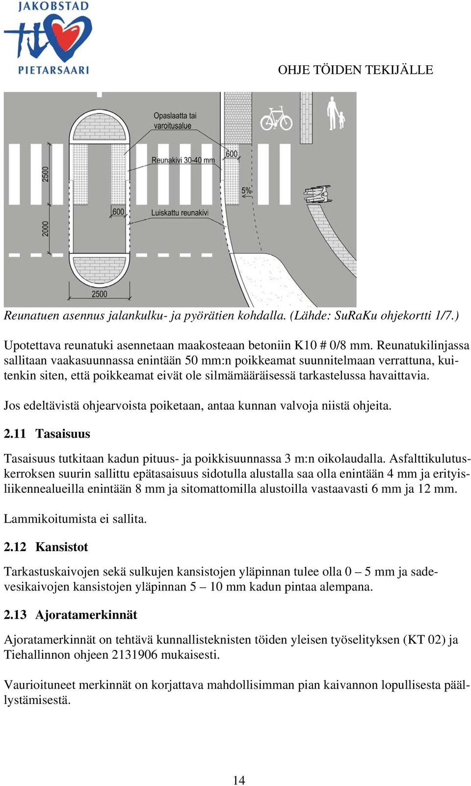 Jos edeltävistä ohjearvoista poiketaan, antaa kunnan valvoja niistä ohjeita. 2.11 Tasaisuus Tasaisuus tutkitaan kadun pituus- ja poikkisuunnassa 3 m:n oikolaudalla.