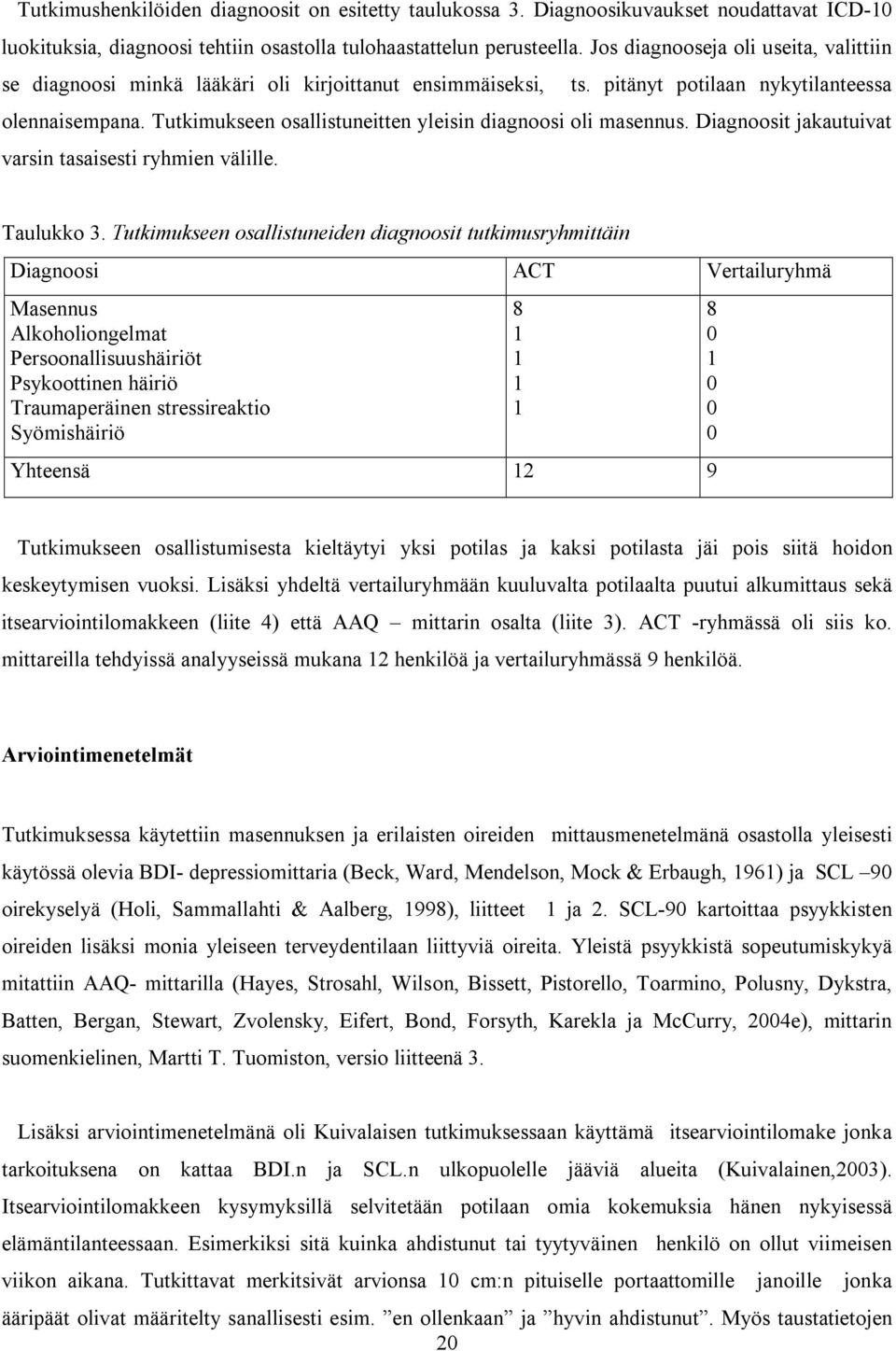 Tutkimukseen osallistuneitten yleisin diagnoosi oli masennus. Diagnoosit jakautuivat varsin tasaisesti ryhmien välille. Taulukko 3.