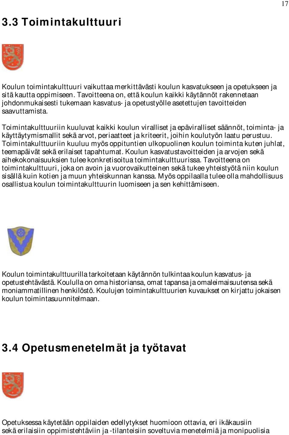 Toimintakulttuuriin kuuluvat kaikki koulun viralliset ja epäviralliset säännöt, toiminta- ja käyttäytymismallit sekä arvot, periaatteet ja kriteerit, joihin koulutyön laatu perustuu.