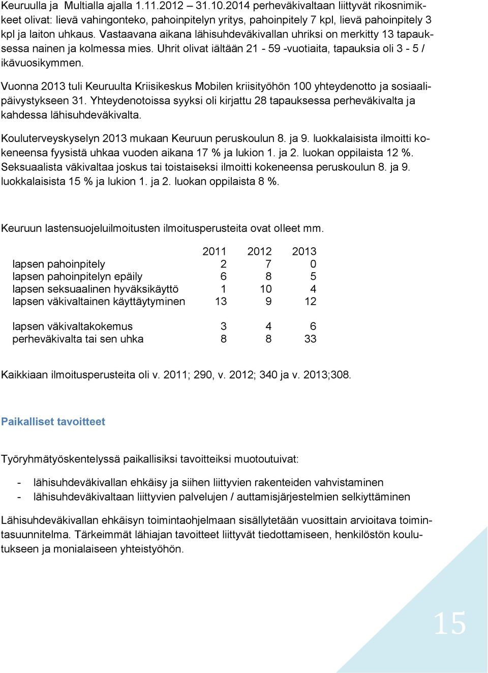 Vastaavana aikana lähisuhdeväkivallan uhriksi on merkitty 13 tapauksessa nainen ja kolmessa mies. Uhrit olivat iältään 21-59 -vuotiaita, tapauksia oli 3-5 / ikävuosikymmen.