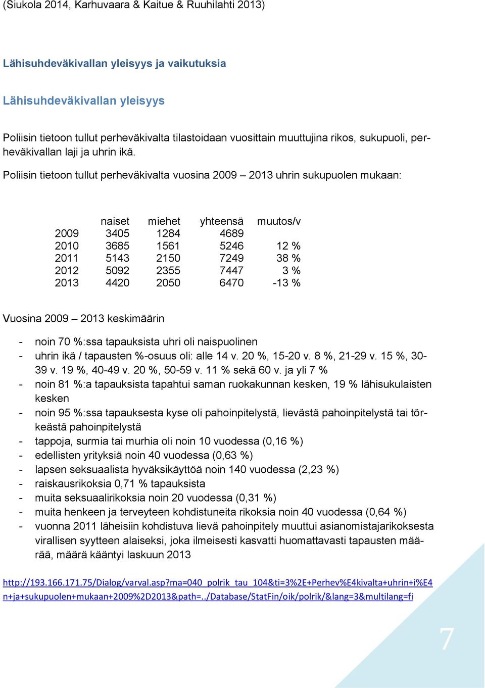 Poliisin tietoon tullut perheväkivalta vuosina 2009 2013 uhrin sukupuolen mukaan: naiset miehet yhteensä muutos/v 2009 3405 1284 4689 2010 3685 1561 5246 12 % 2011 5143 2150 7249 38 % 2012 5092 2355