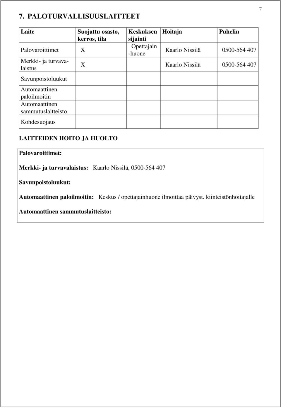 0500-564 407 X Kaarlo Nissilä 0500-564 407 LAITTEIDEN HOITO JA HUOLTO Palovaroittimet: Merkki- ja turvavalaistus: Kaarlo Nissilä, 0500-564