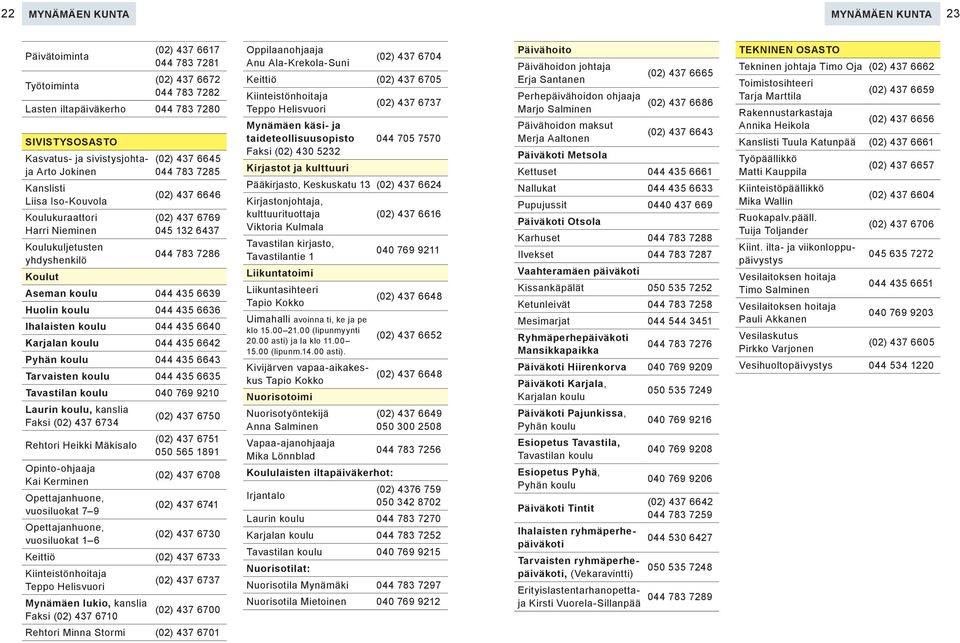 044 435 6639 Huolin koulu 044 435 6636 Ihalaisten koulu 044 435 6640 Karjalan koulu 044 435 6642 Pyhän koulu 044 435 6643 Tarvaisten koulu 044 435 6635 Tavastilan koulu 040 769 9210 Laurin koulu,