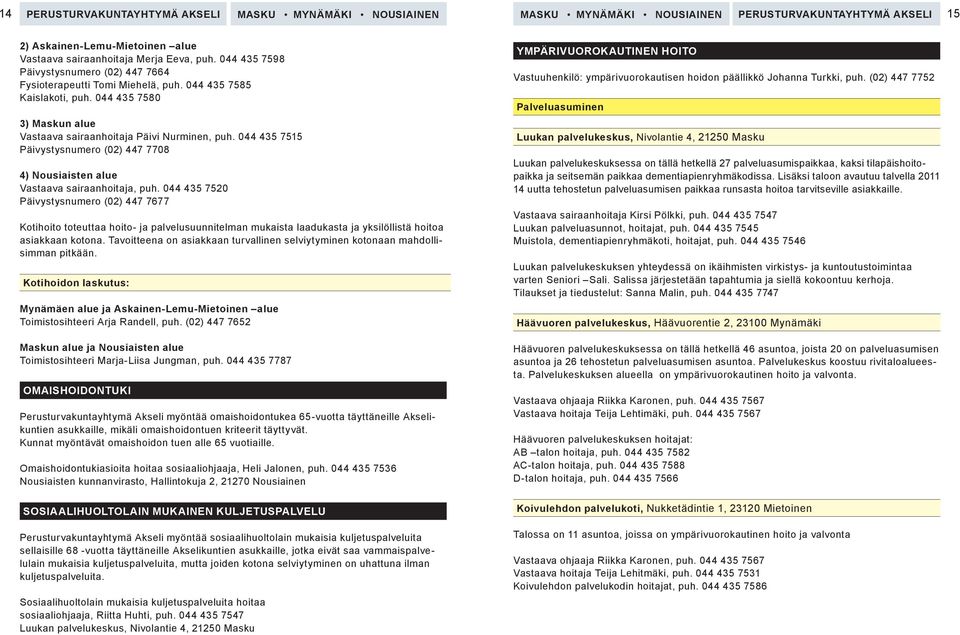 044 435 7515 Päivystysnumero (02) 447 7708 4) Nousiaisten alue Vastaava sairaanhoitaja, puh.