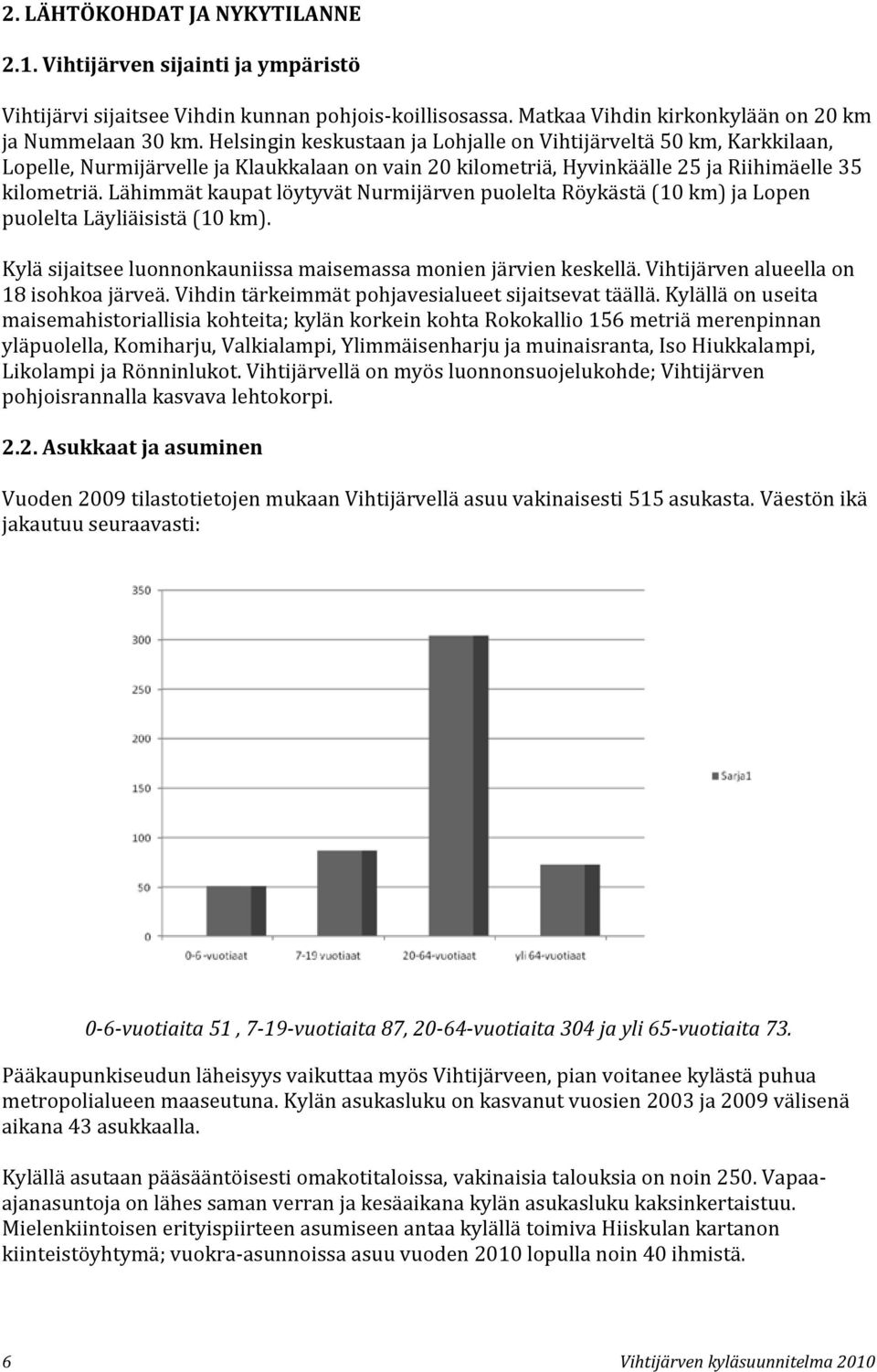 Lähimmät kaupat löytyvät Nurmijärven puolelta Röykästä (10 km) ja Lopen puolelta Läyliäisistä (10 km). Kylä sijaitsee luonnonkauniissa maisemassa monien järvien keskellä.