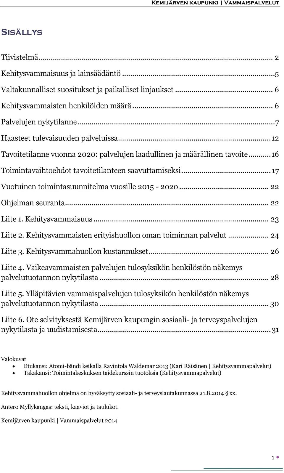 .. 17 Vuotuinen toimintasuunnitelma vuosille 2015-2020... 22 Ohjelman seuranta... 22 Liite 1. Kehitysvammaisuus... 23 Liite 2. Kehitysvammaisten erityishuollon oman toiminnan palvelut... 24 Liite 3.