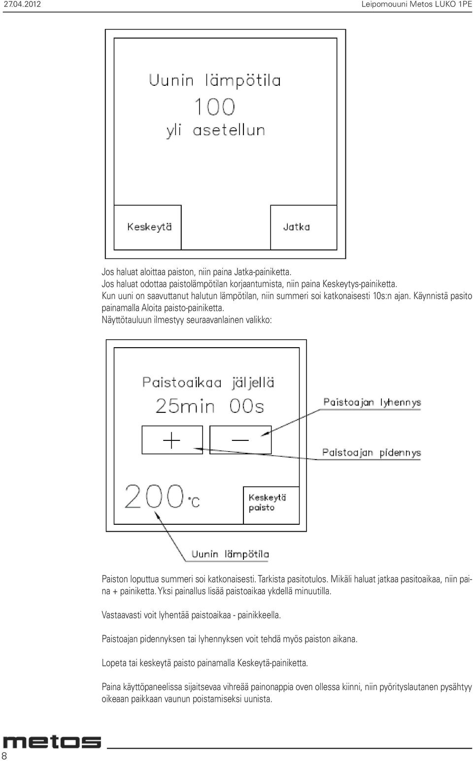 Näyttötauluun ilmestyy seuraavanlainen valikko: Paiston loputtua summeri soi katkonaisesti. Tarkista pasitotulos. Mikäli haluat jatkaa pasitoaikaa, niin paina + painiketta.