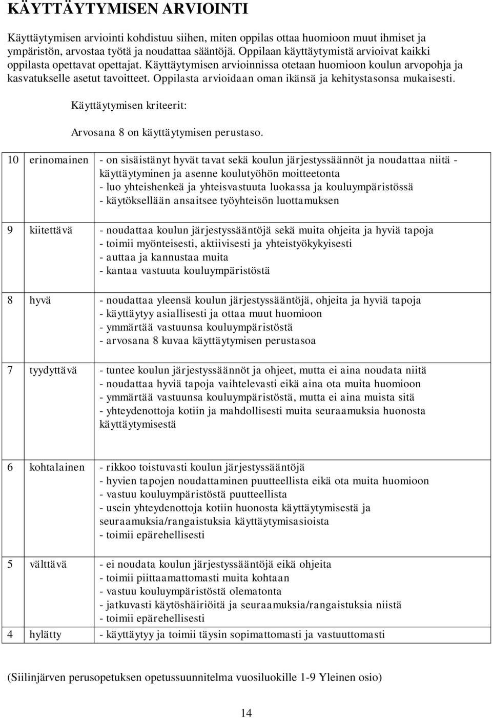 Oppilasta arvioidaan oman ikänsä ja kehitystasonsa mukaisesti. Käyttäytymisen kriteerit: Arvosana 8 on käyttäytymisen perustaso.