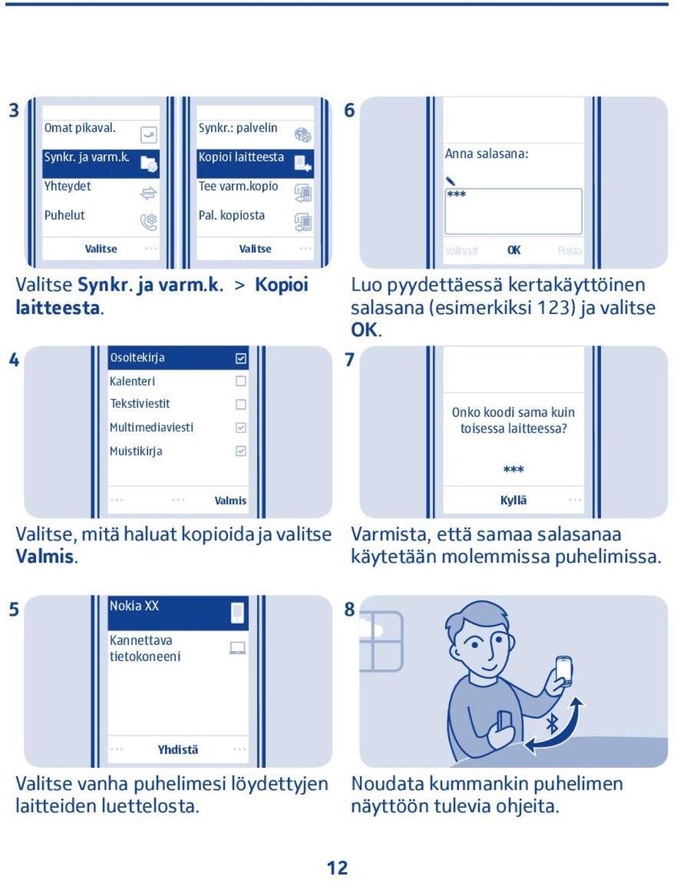 4 Osoitekirja Kalenteri Tekstiviestit Multimediaviesti Muistikirja Luo pyydettäessä kertakäyttöinen salasana (esimerkiksi 3) ja valitse OK.