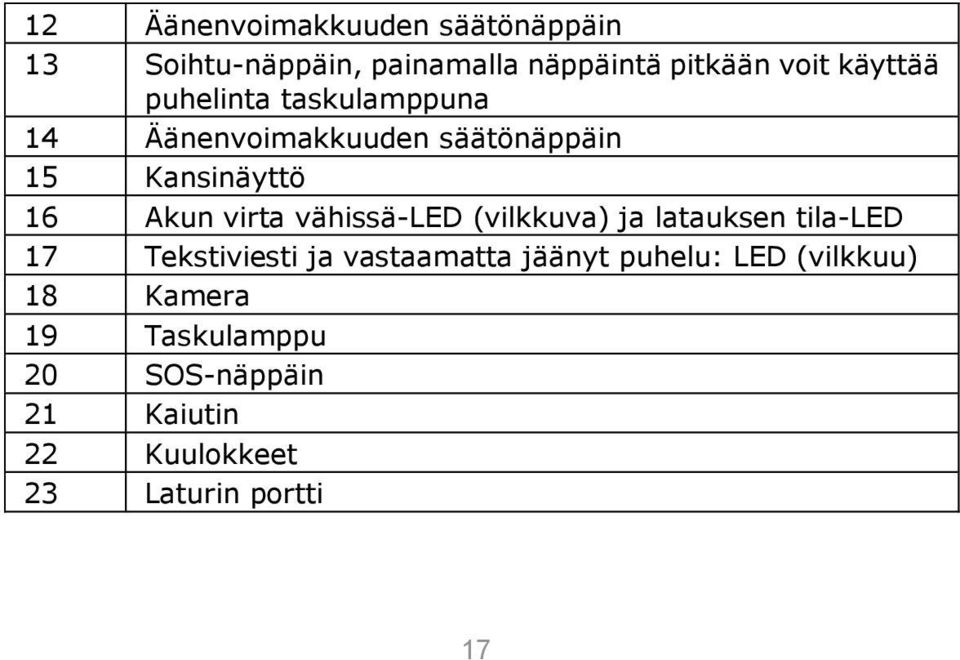 virta vähissä-led (vilkkuva) ja latauksen tila-led 17 Tekstiviesti ja vastaamatta jäänyt