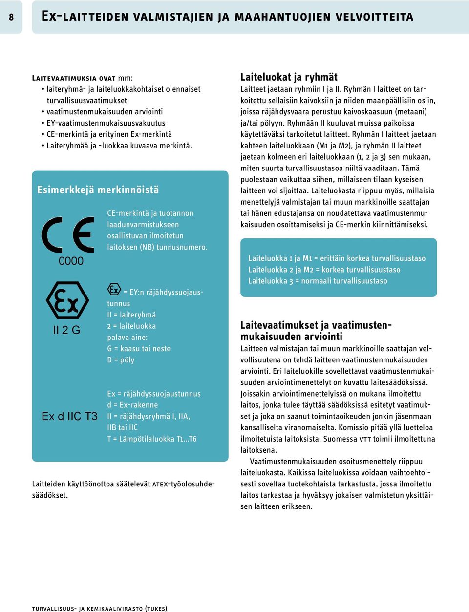 Esimerkkejä merkinnöistä 0000 II 2 G Ex d IIC T3 CE-merkintä ja tuotannon laadunvarmistukseen osallistuvan ilmoitetun laitoksen (NB) tunnusnumero.