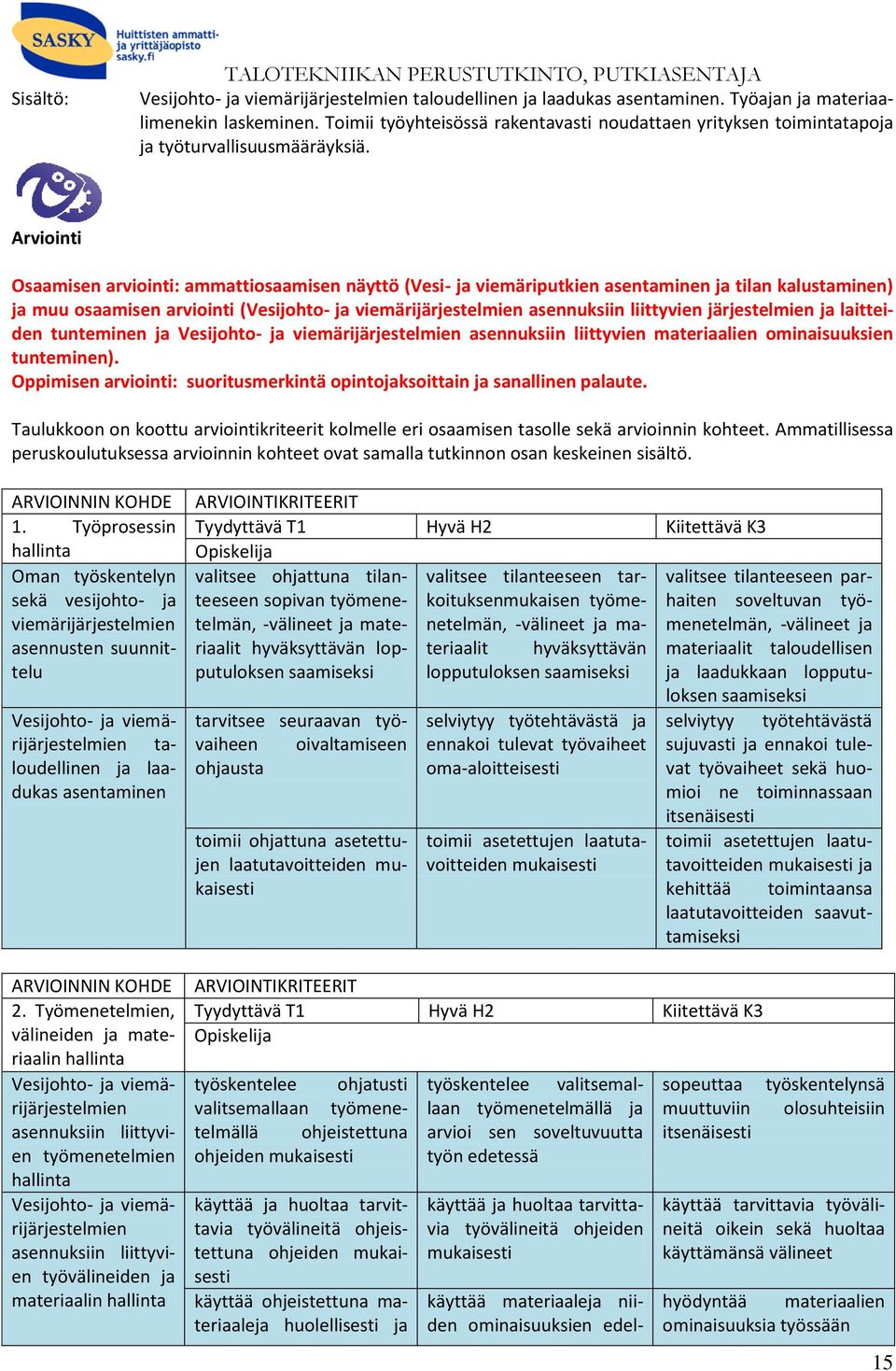 Arviointi Osaamisen arviointi: ammattiosaamisen näyttö (Vesi- ja viemäriputkien asentaminen ja tilan kalustaminen) ja muu osaamisen arviointi (Vesijohto- ja viemärijärjestelmien asennuksiin
