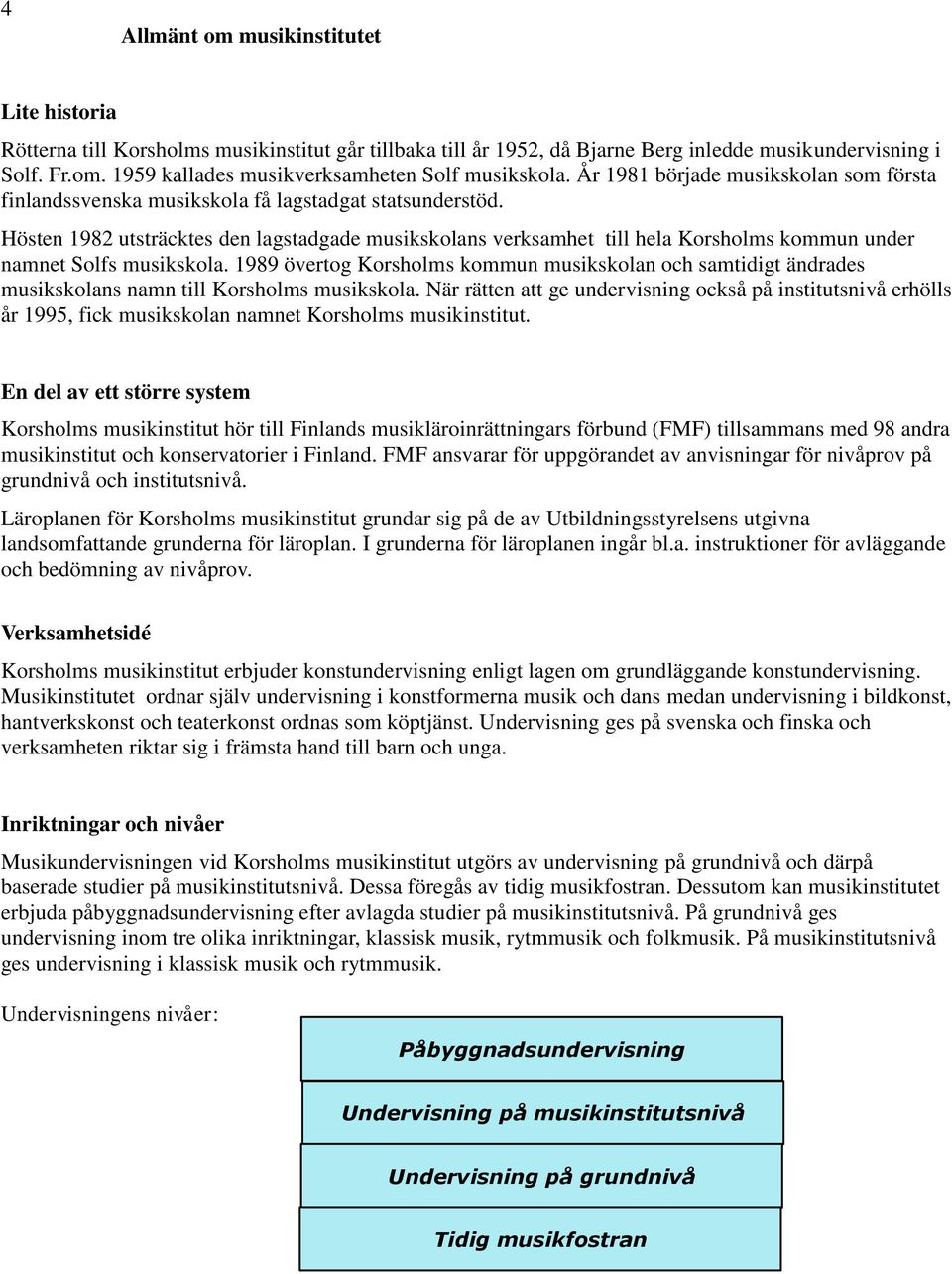 Hösten 1982 utsträcktes den lagstadgade musikskolans verksamhet till hela Korsholms kommun under namnet Solfs musikskola.