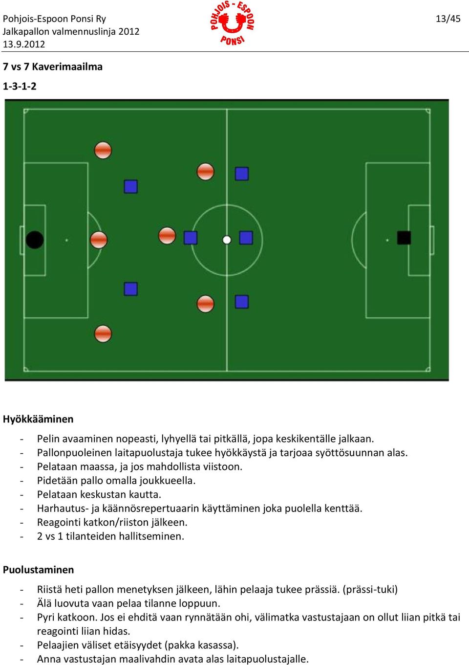 - Harhautus- ja käännösrepertuaarin käyttäminen joka puolella kenttää. - Reagointi katkon/riiston jälkeen. - 2 vs 1 tilanteiden hallitseminen.