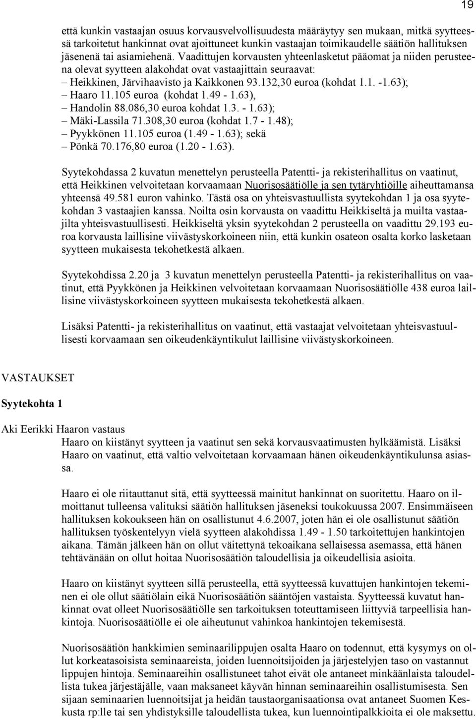 1. -1.63); Haaro 11.105 euroa (kohdat 1.49-1.63), Handolin 88.086,30 euroa kohdat 1.3. - 1.63); Mäki-Lassila 71.308,30 euroa (kohdat 1.7-1.48); Pyykkönen 11.105 euroa (1.49-1.63); sekä Pönkä 70.
