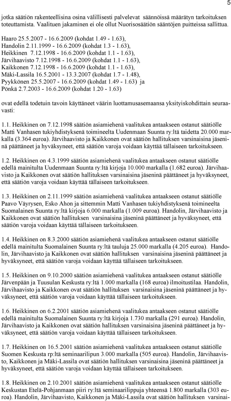 12.1998-16.6.2009 (kohdat 1.1-1.63), Mäki-Lassila 16.5.2001-13.3.2007 (kohdat 1.7-1.48), Pyykkönen 25.5.2007-16.6.2009 (kohdat 1.49-1.63) ja Pönkä 2.7.2003-16.6.2009 (kohdat 1.20-1.