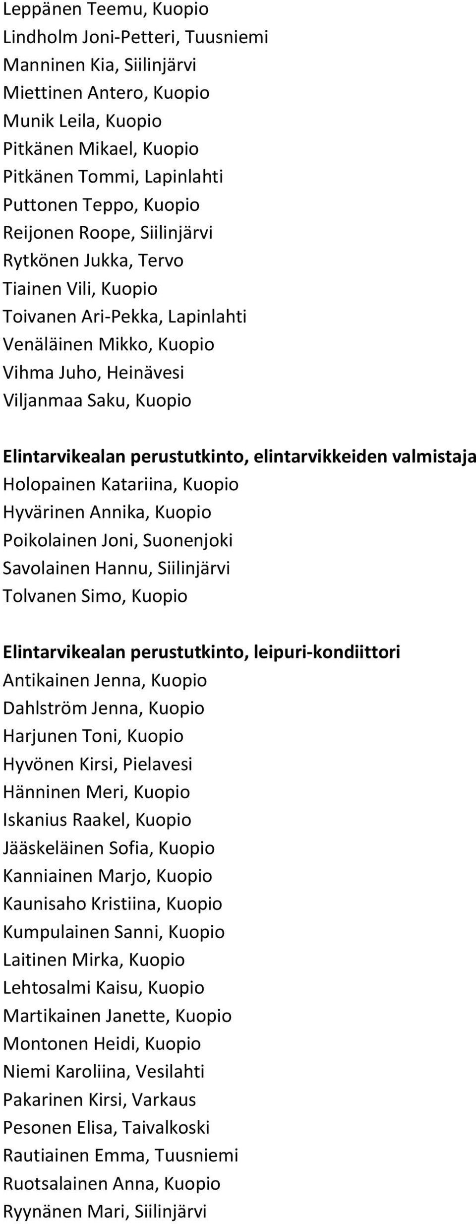 perustutkinto, elintarvikkeiden valmistaja Holopainen Katariina, Kuopio Hyvärinen Annika, Kuopio Poikolainen Joni, Suonenjoki Savolainen Hannu, Siilinjärvi Tolvanen Simo, Kuopio Elintarvikealan